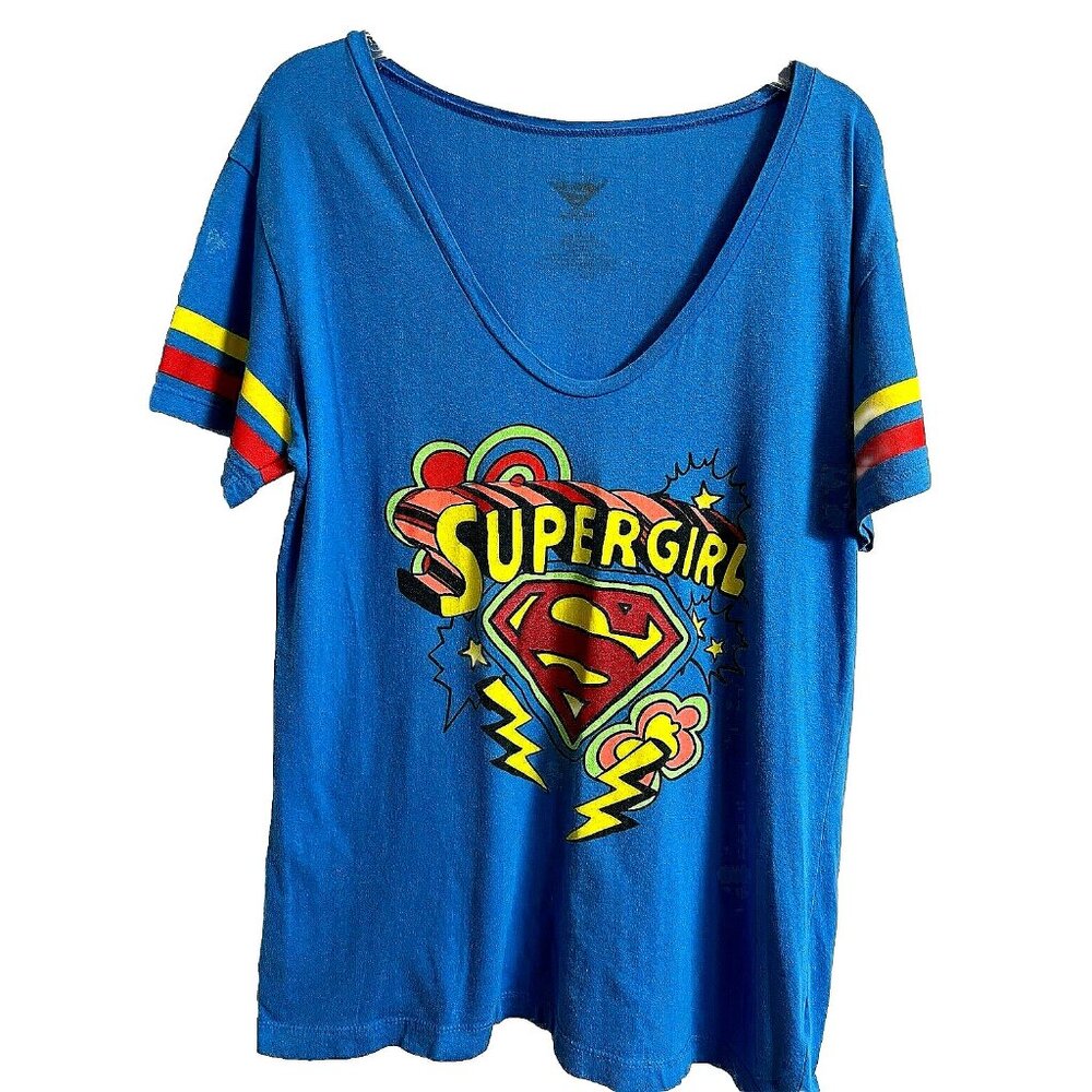 SUPERGIRL Vintage Blue Women T Shirt Tee Size M Single Stitch V Neck Short Slvs.